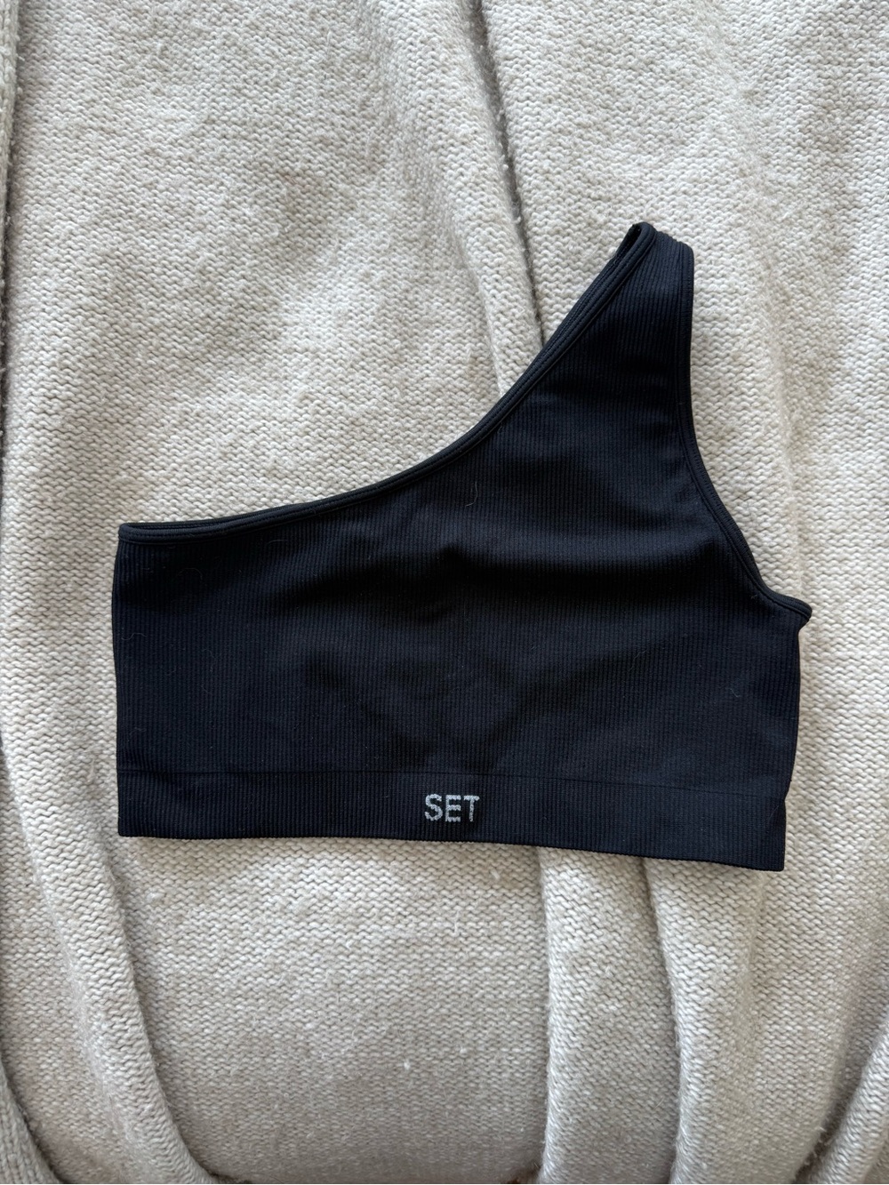 SET Active Size Small Sculptflex One-Shoulder Black Ribbed Bralette